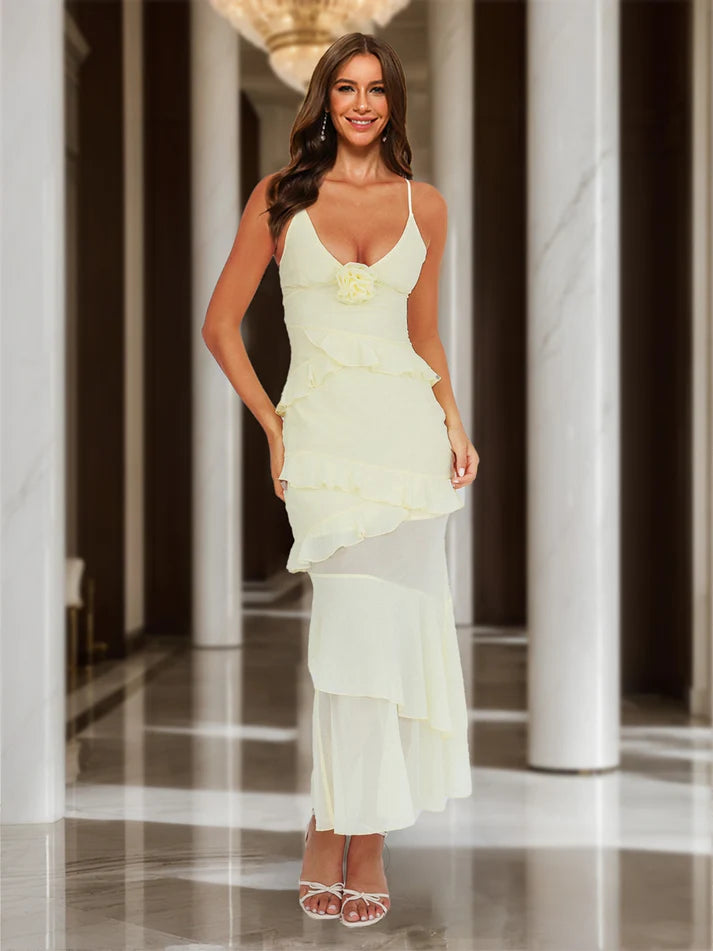 Column Straps V-Neck Rosette Maxi Dress Long Prom Dresses